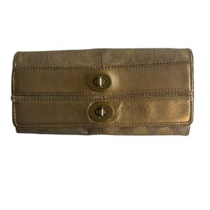 Coach Signature Jacquard Wallet Gold Tan Metallic Turnlock Zip Clutch Vintage